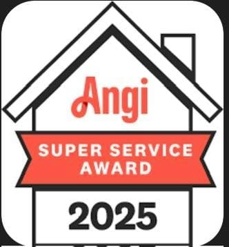 Angi Super Service Award 2025 badge with house roof icon and red banner